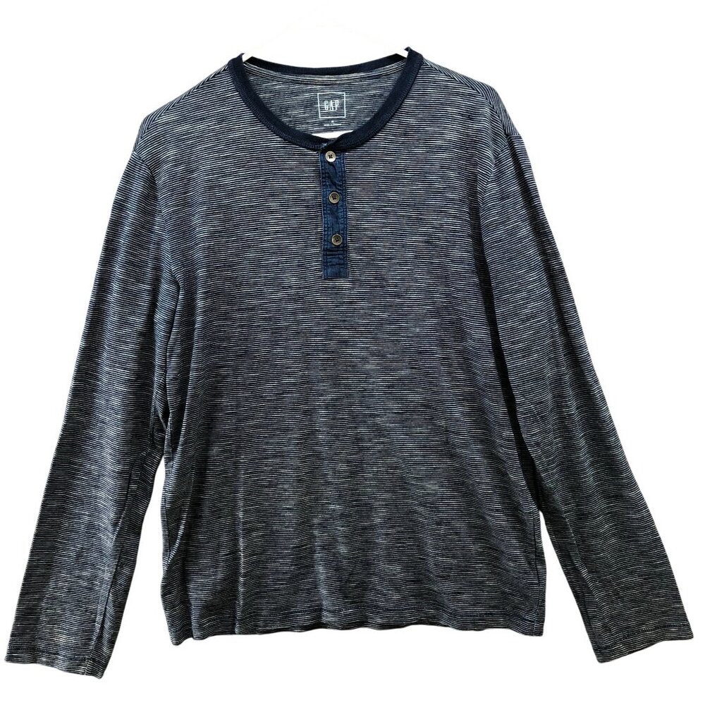 Gap Slub Henley Long Sleeve T Shirt Mens M Blue Striped Navy Cotton